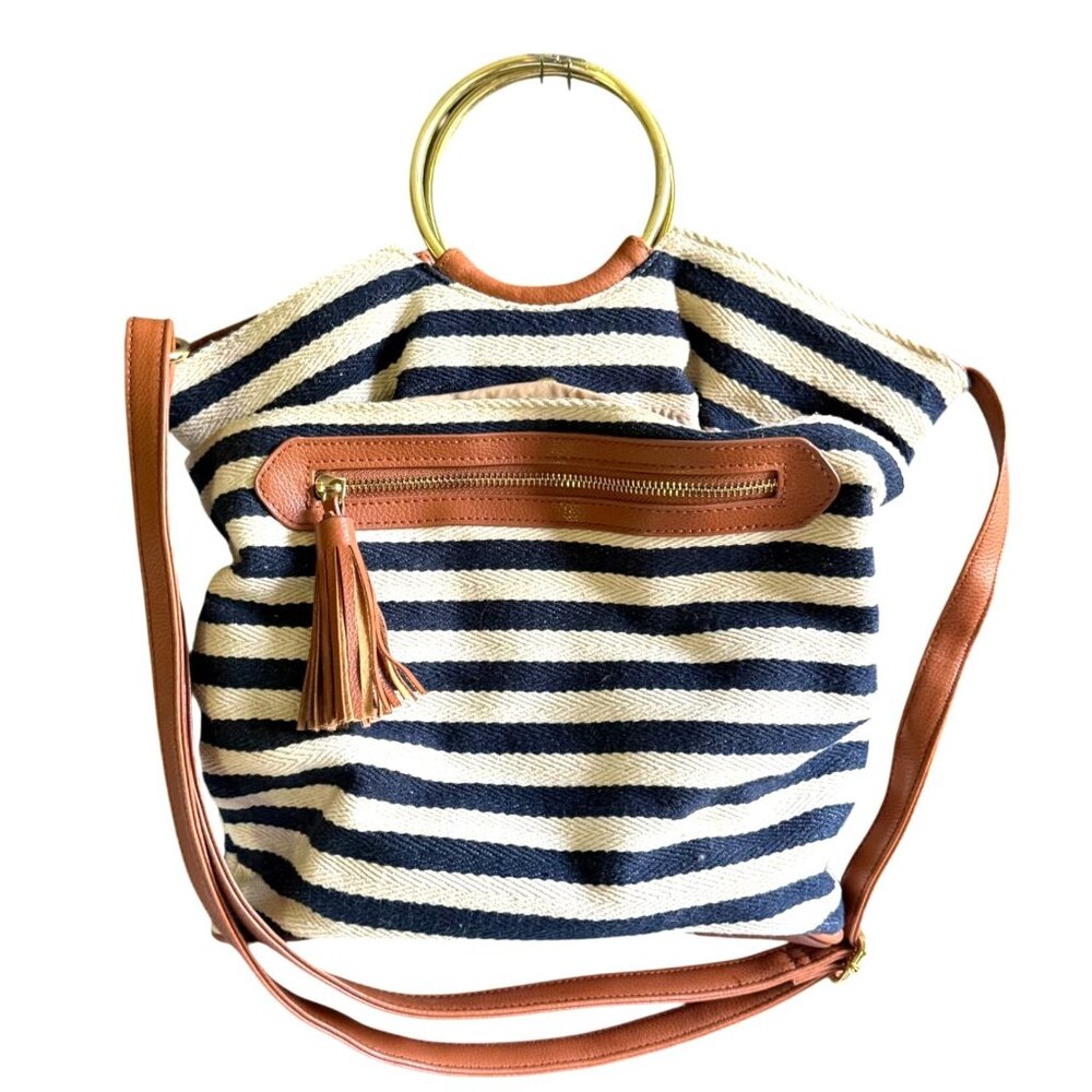 Canvas Twill Faux Leather Trim Gold Tone Ring Handle Crossbody Bag Women Blue Wh